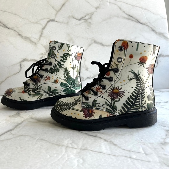 Vegan Leather doc style combat boots floral watercolour design - Picture 4 of 12